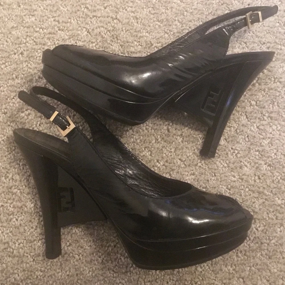 FENDI Black Patent Leather Slingback Logo Heel Peeptoe Sandals 36